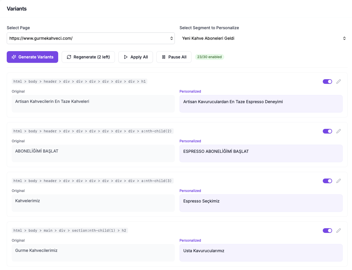 Personalized landing page variant